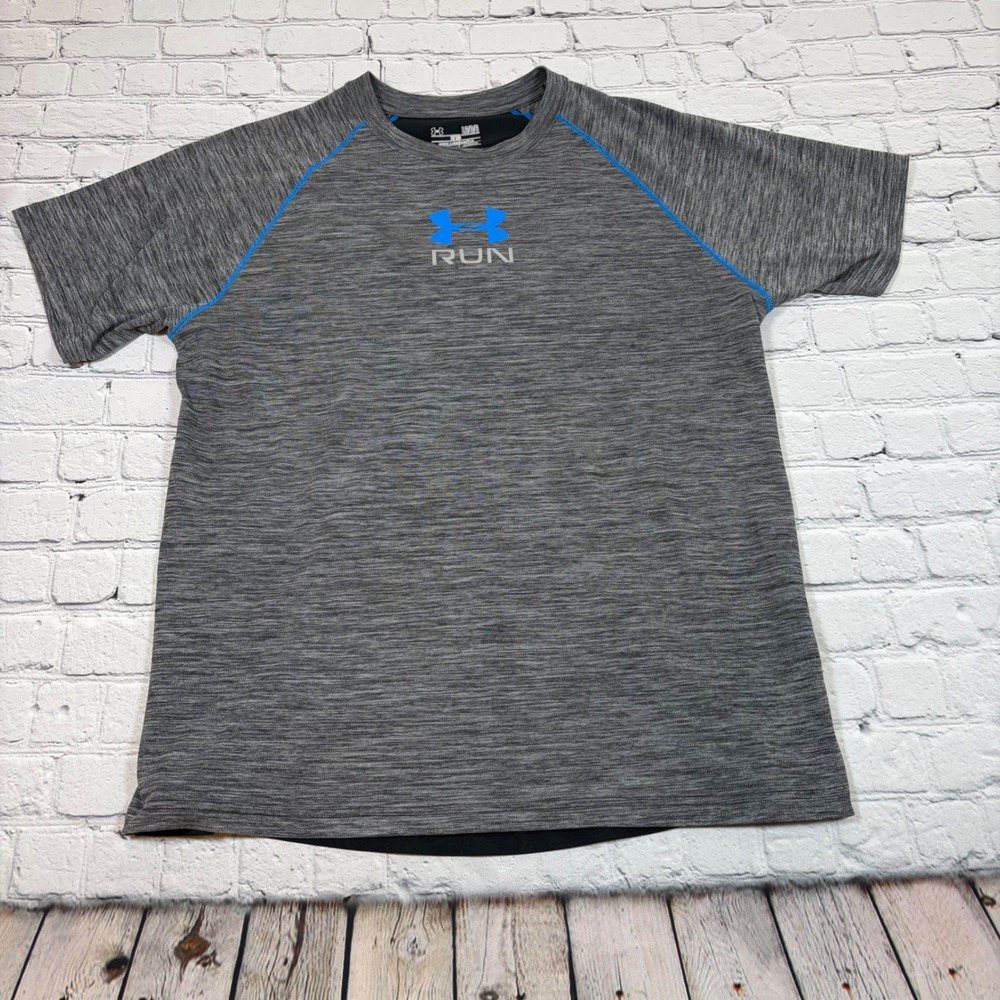 Under Armour HeatGear Mens Large Gray Blue Fitted Run Mesh Back T-Shirt 0471
